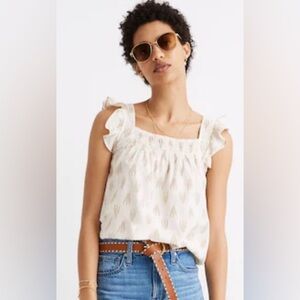 Madewell Cream Smocked Ruffle Straps Tank Top In Ikat Sz M